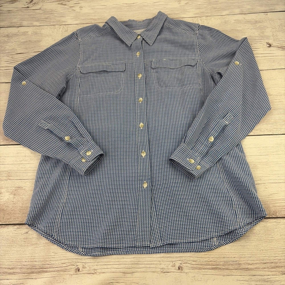 ExOfficio Women's L Blue Gingham Long Sleeve Shirt Hiking Fishing Casual Vented